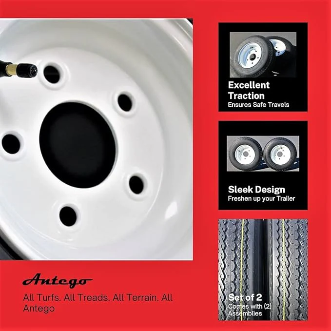 Antego Tire and Wheel (Set of 2) 4.80-8 Tire and Wheel Assemblies, White 5 Lug Trailer Tires and Wheels, 6 Ply, Load Range C - Image 5